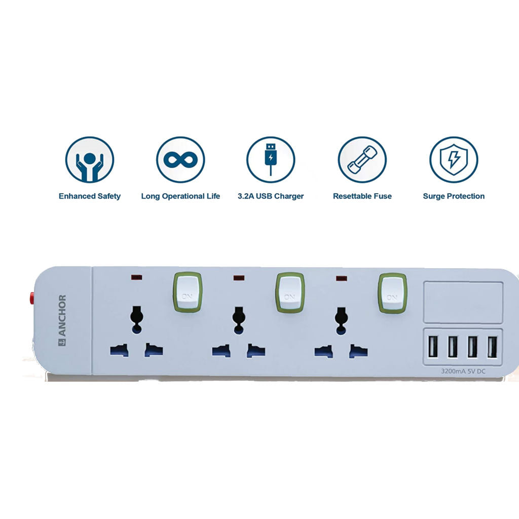 Anchor Spike Guard 3 Socket+4 USB with Individual Switch 22057