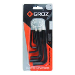 Groz Hexagon Key Set 10Pcs Crv Steel ALN/HX-HX/10/SAE/GRZ