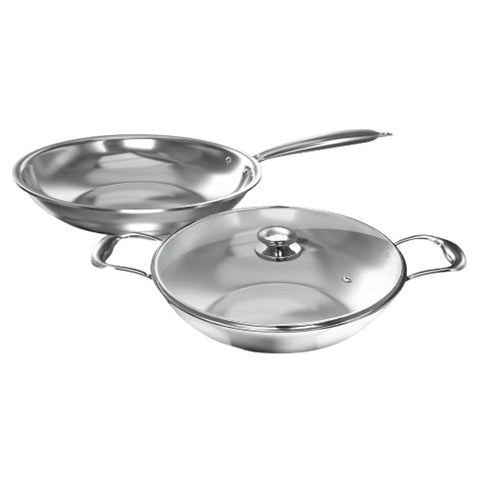 Preethi Metallica Collection Triply Stainless Steel Set Kadai & Fry Pan With Glass Lid 26cm Inuction Base CSW004 