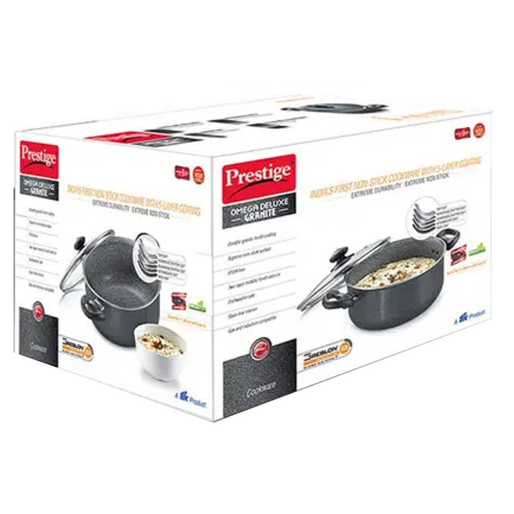 Prestige Omega Deluxe Granite Non-Stick Round Base Sauce Pan With Glass Lid 24 cm Black 36312
