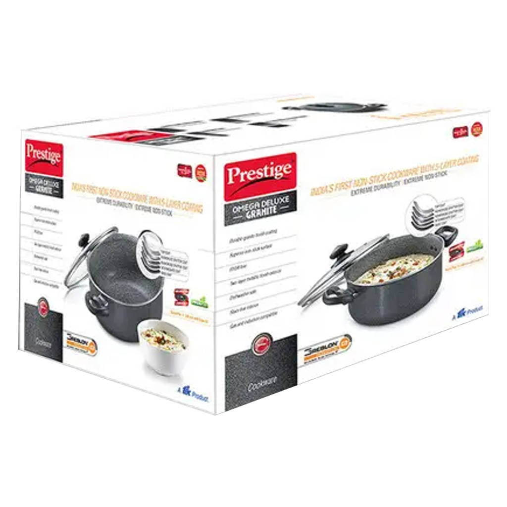 Prestige Omega Deluxe Granite Non-Stick Round Base Sauce Pan With Glass Lid 26 cm Black 36313