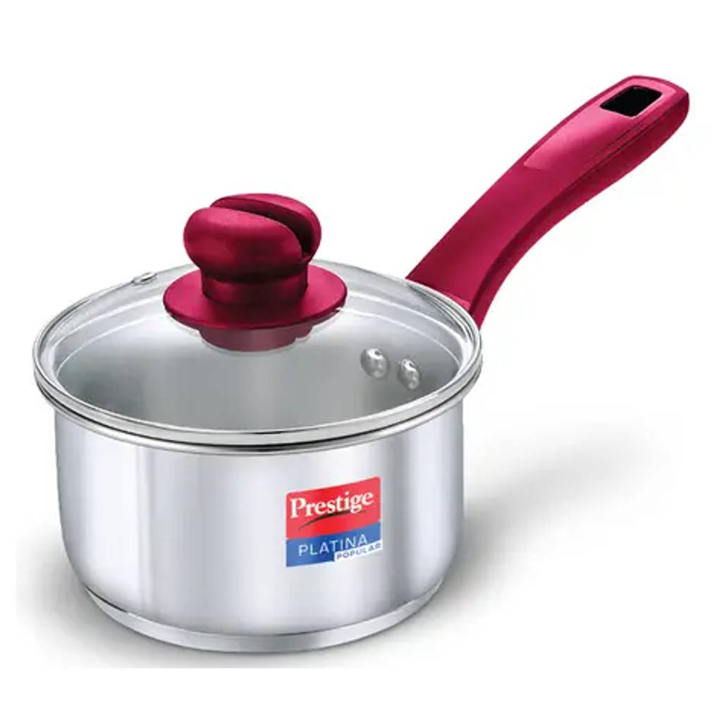 Prestige Platina Popular Stainless Steel Sauce Pan With Glass Lid 16 cm Silver 36882 