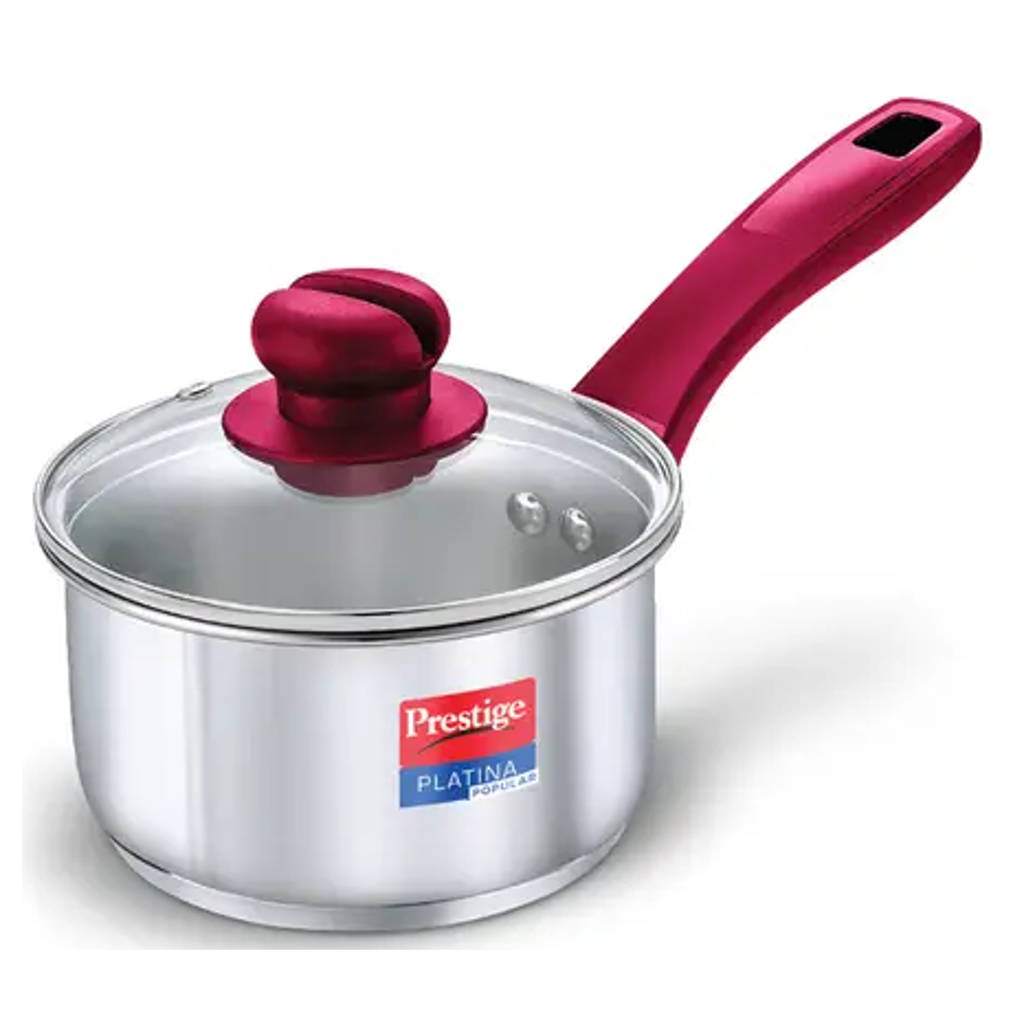 Prestige Platina Popular Stainless Steel Sauce Pan With Glass Lid 18 cm Silver 36883 