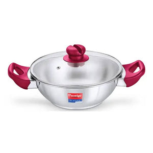 Prestige Platina Popular Stainless Steel Kadai With Toughened Glass Lid 20 cm Silver 36884 