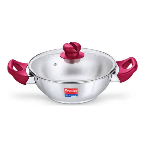 Prestige Platina Popular Stainless Steel Kadai With Toughened Glass Lid 22 cm Silver 36885 