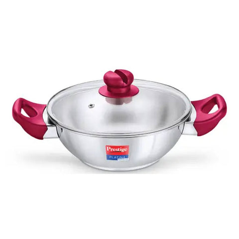 Prestige Platina Popular Stainless Steel Kadai With Toughened Glass Lid 22 cm Silver 36885 
