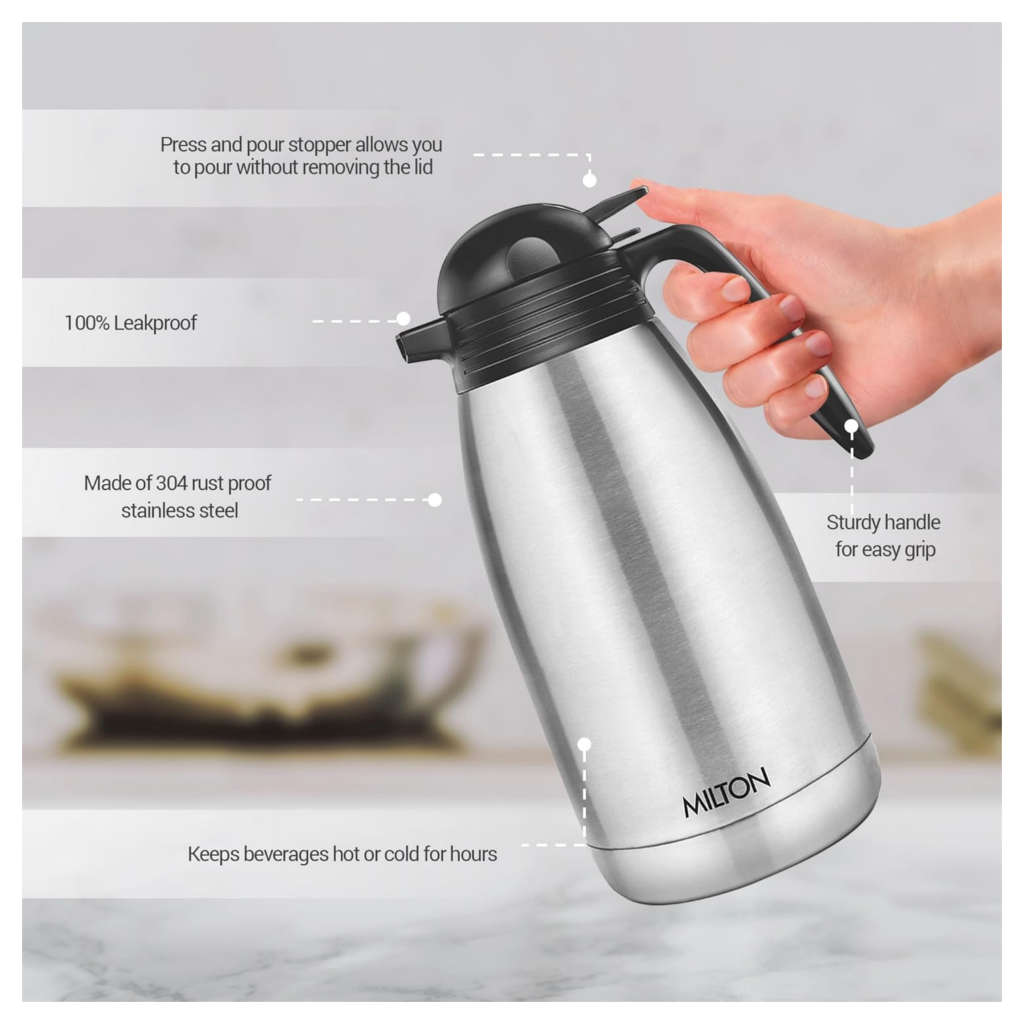 Milton Carafe Thermosteel 24 Hours Vacuum Flask Hot Or Cold 2000ml Stainless Steel