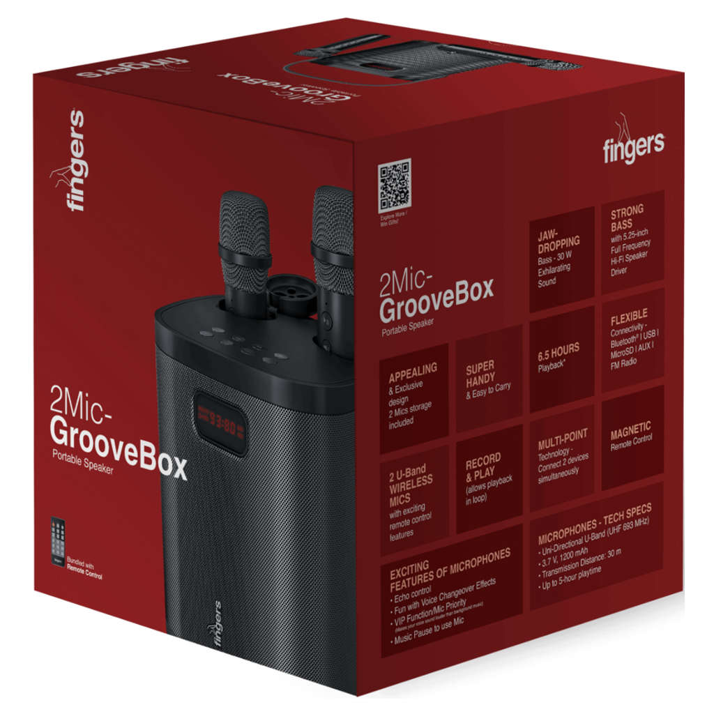 Fingers 2Mic-GrooveBox Portable Speaker With 2 Wireless Mics Rich Black