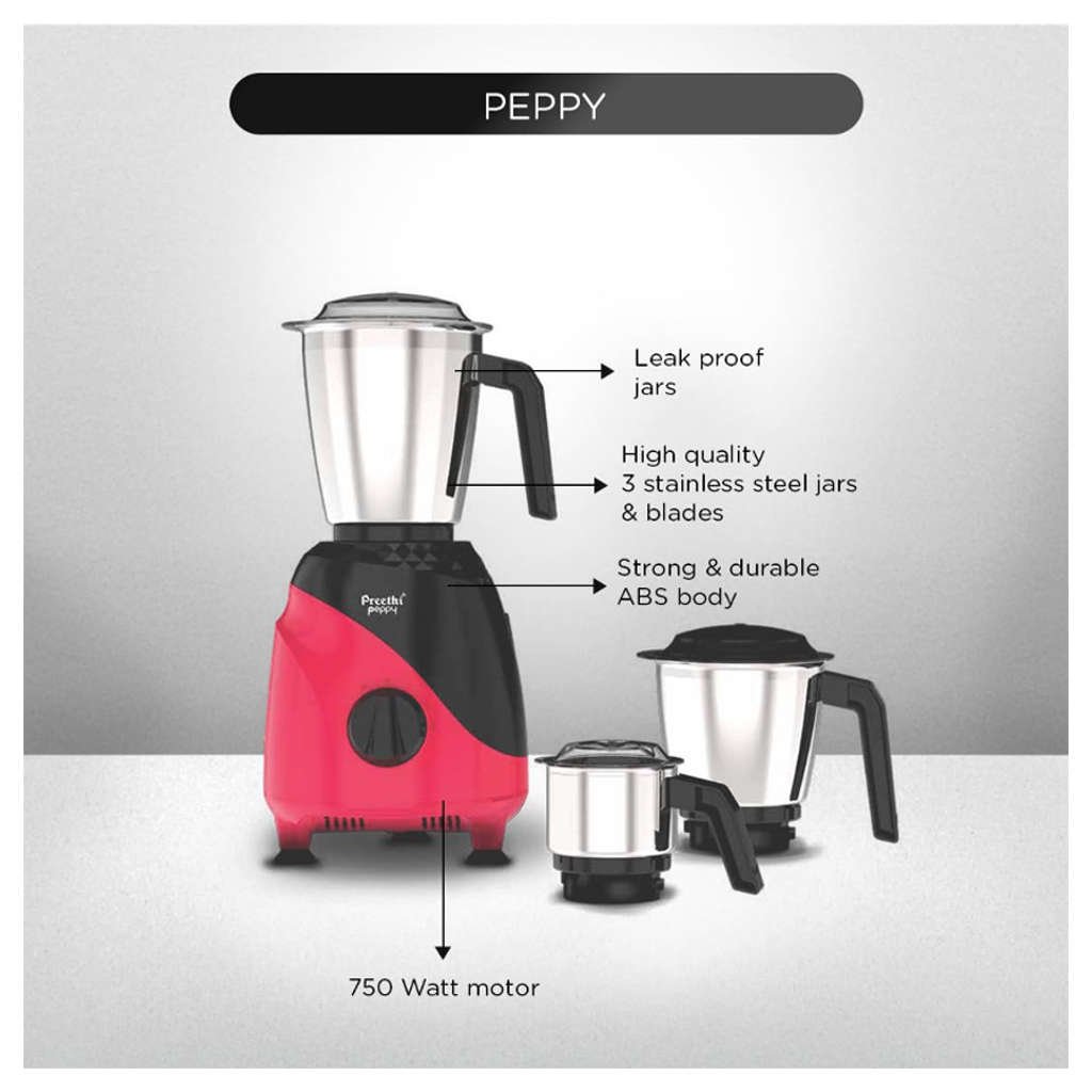 Preethi Peppy Mixer Grinder With 3 Jars 750 Watts Black & Red MG-245