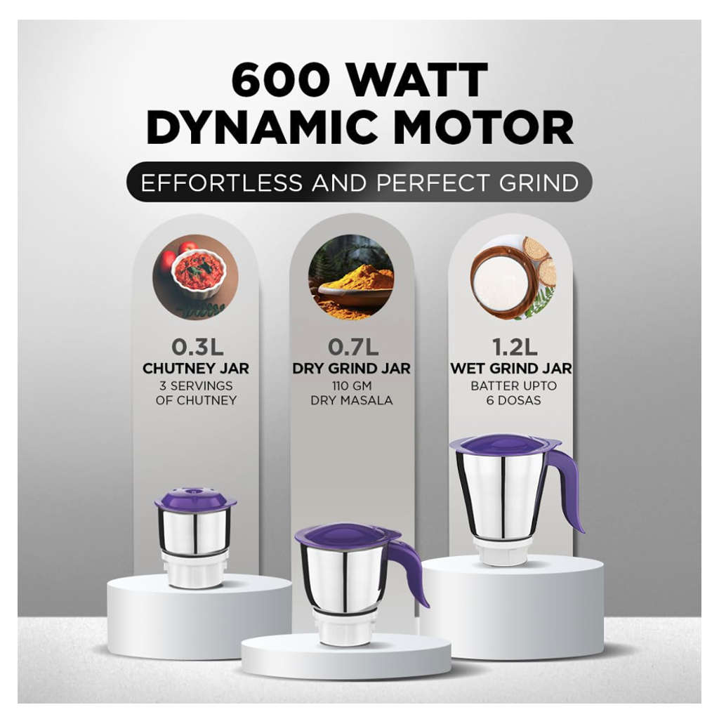Preethi Crown Pro Mixer Grinder With 3 Jars 600 Watts White & Purple MG 254