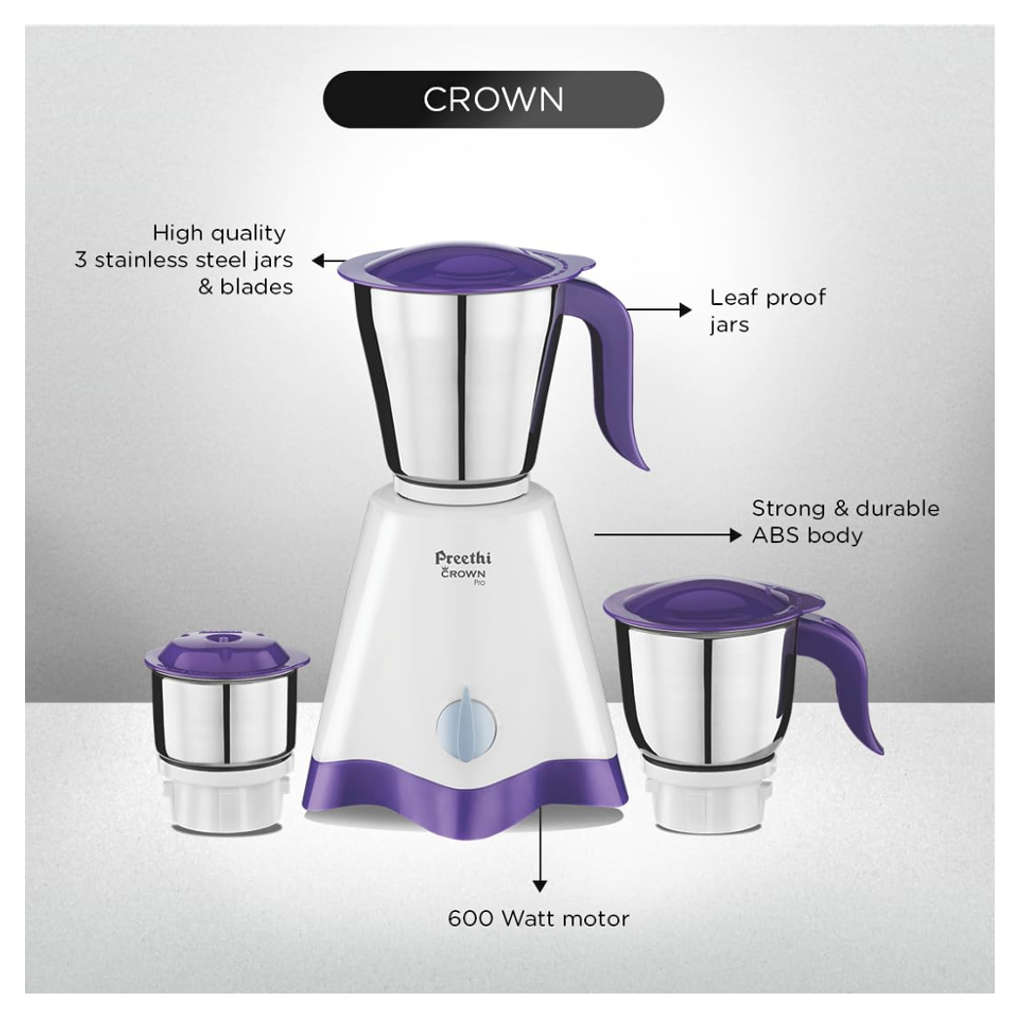 Preethi Crown Pro Mixer Grinder With 3 Jars 600 Watts White & Purple MG 254