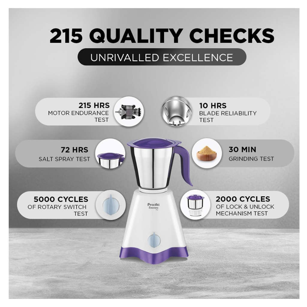 Preethi Crown Pro Mixer Grinder With 3 Jars 600 Watts White & Purple MG 254