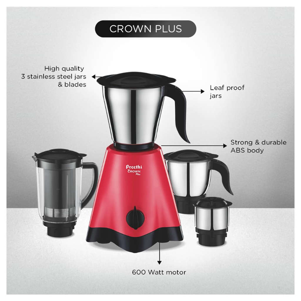 Preethi Crown Plus Mixer Grinder With 4 Jars 600 Watts Black and Pink MG 258