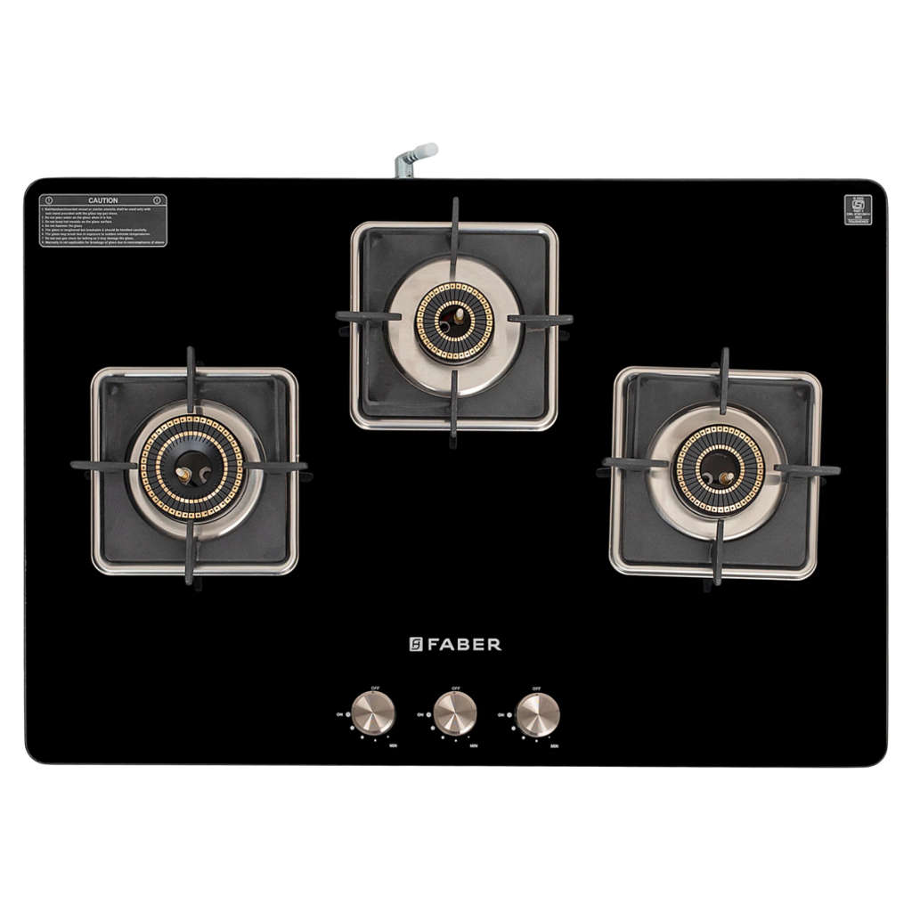 Faber Nios DLX Auto BK Glass Top Gas Stove 3 Brass Burner