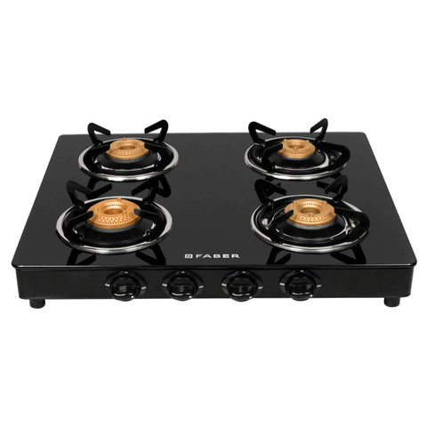 Faber Star BK Glass Top Gas Stove 4 Brass Burner 