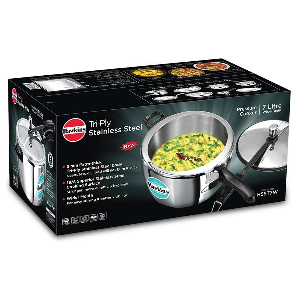 Hawkins Tri-Ply Wide Stainless Steel Pressure Cooker 7 Litre HSST 7W