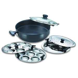 Prestige Hard Anodised Induction Base Multi Kadai With Glass Lid (Dhokla,Patra,Idli Plates) 28cm Black 30609 
