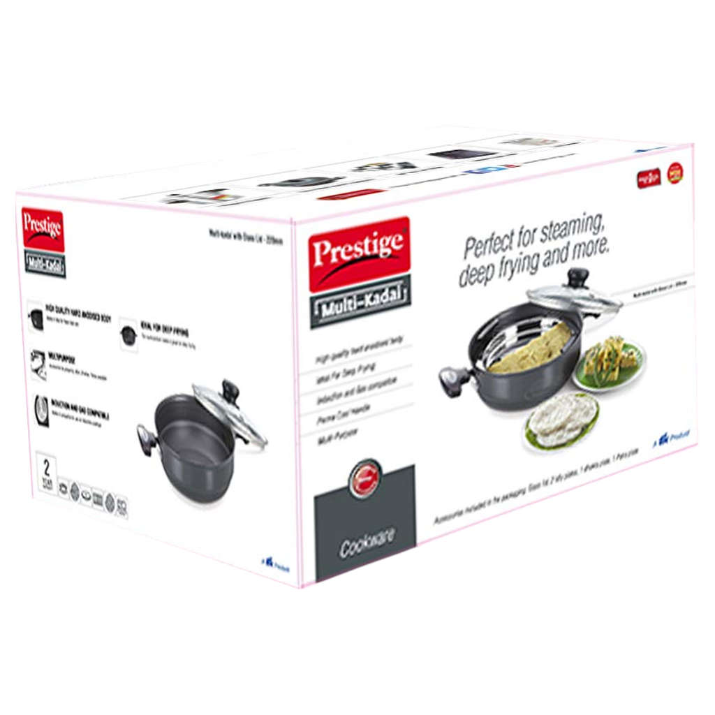 Prestige Hard Anodised Induction Base Multi Kadai With Glass Lid (Dhokla,Patra,Idli Plates) 28cm Black 30609