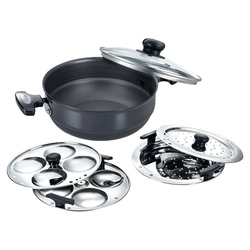 Prestige Hard Anodised Induction Base Multi Kadai With Glass Lid (Dhokla,Patra,Idli Plates) 22cm Black 30610 