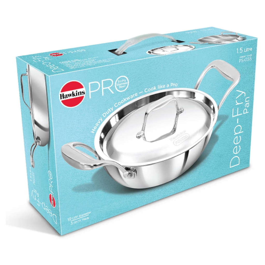 Hawkins Pro Tri-Ply Stainless Steel Deep Fry Pan With Lid PSK 15S