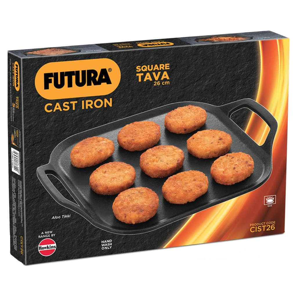 Hawkins Futura Cast Iron Square Tawa 26 cm Black CIT 26