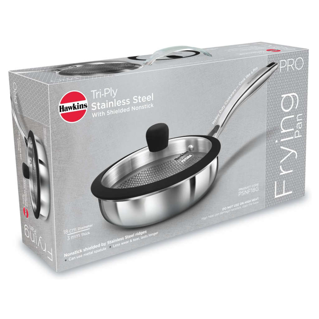 Hawkins Pro Tri-Ply Stainless Steel Shielded Nonstick Fry Pan With Lid PSNF 18G