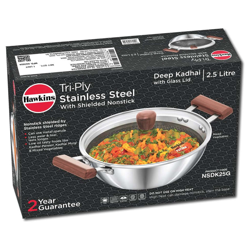 Hawkins Tri-Ply Stainless Steel Shielded Nonstick Deep Kadai NSDK 25G