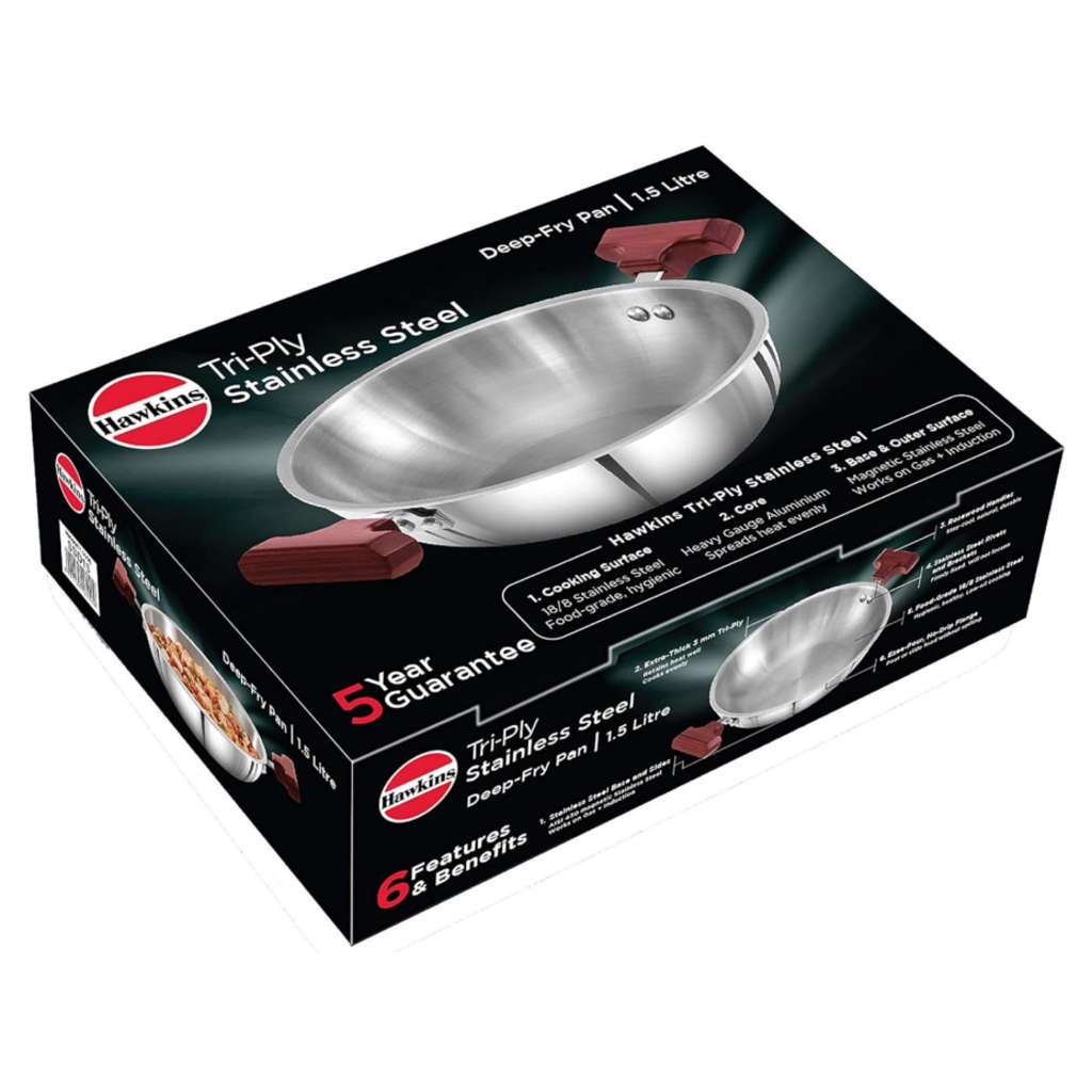 Hawkins Tri-Ply Stainless Steel Deep Fry Pan Without Lid 1.5 Litre SSD 15