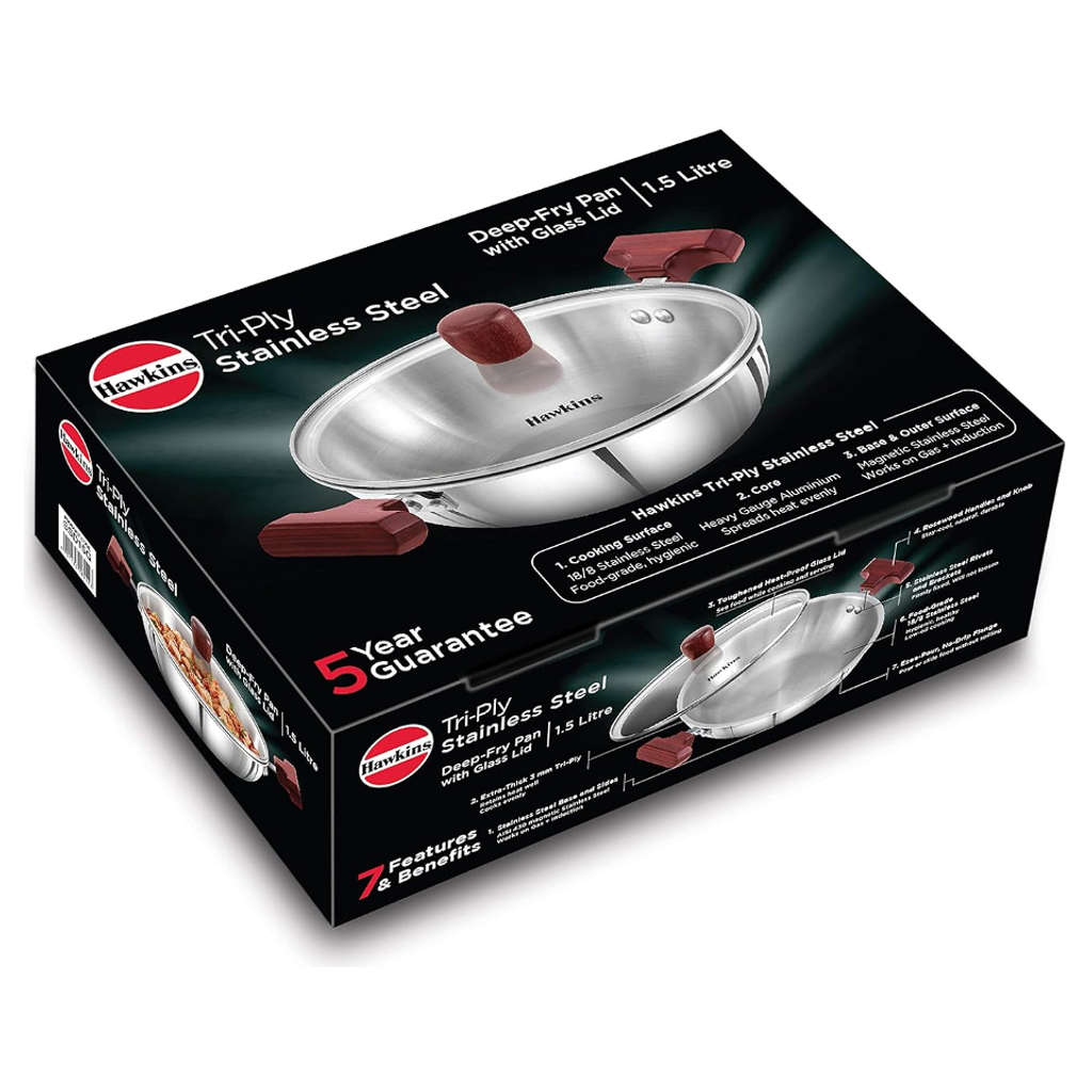 Hawkins Tri-Ply Stainless Steel Deep Fry Pan With Lid 1.5 Litre SSD 15G