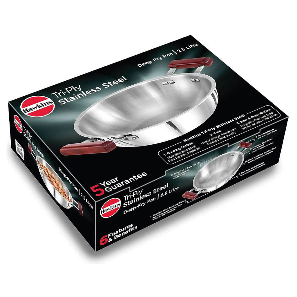 Hawkins Tri-Ply Stainless Steel Deep Fry Pan Without Lid 2.5 Litre SSD 25