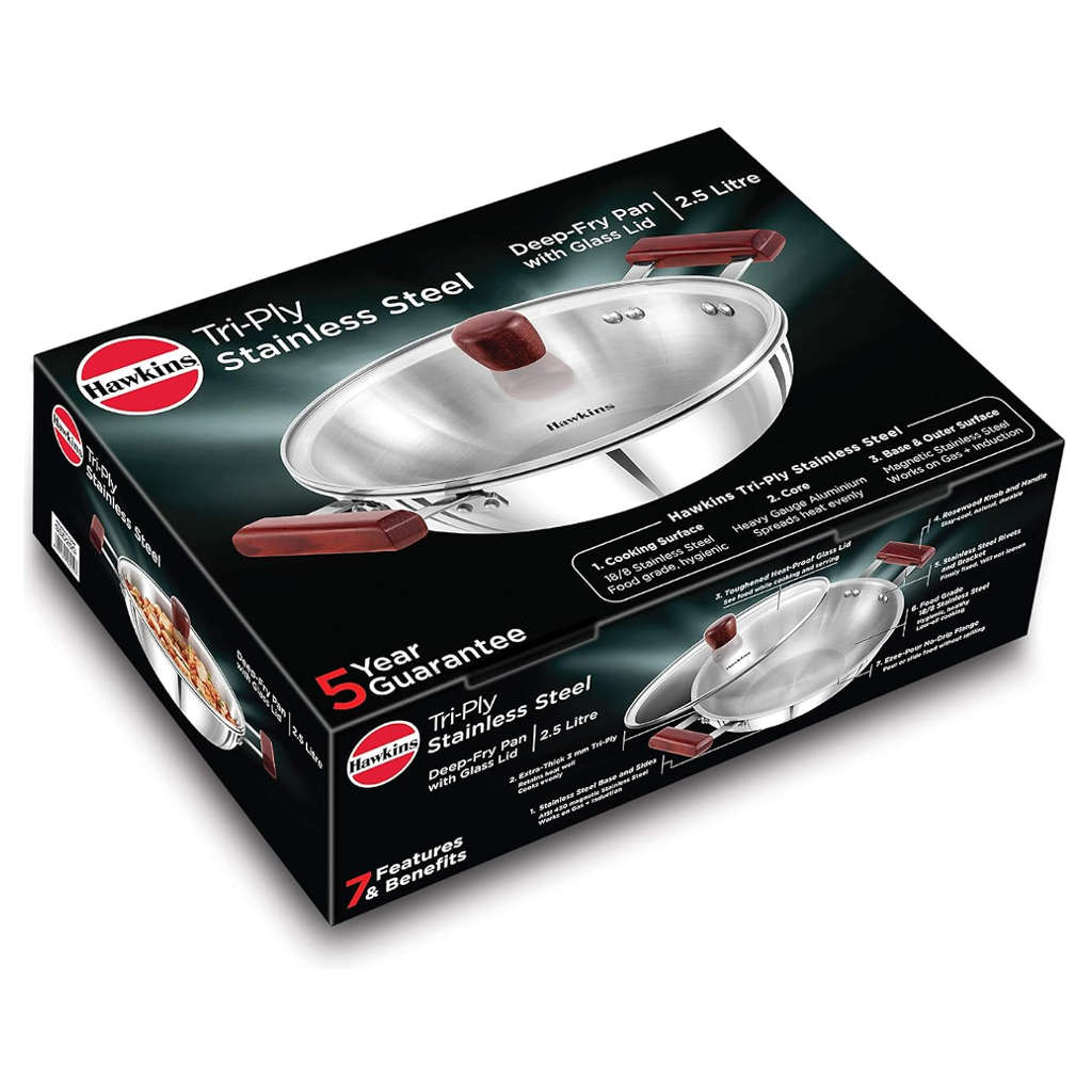 Hawkins Tri-Ply Stainless Steel Deep Fry Pan With Lid 2.5 Litre SSD 25G