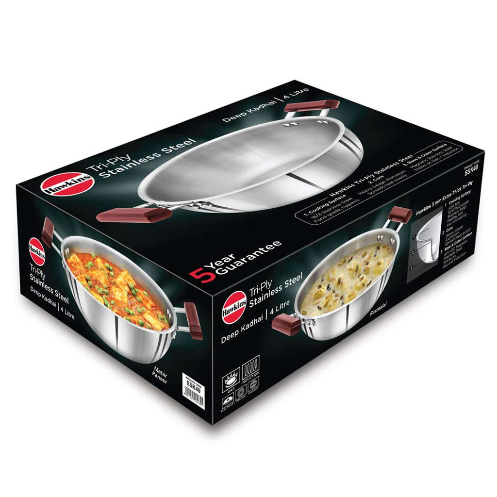 Hawkins Tri-Ply Stainless Steel Deep Kadai Without Lid 4 Litre SSK 40