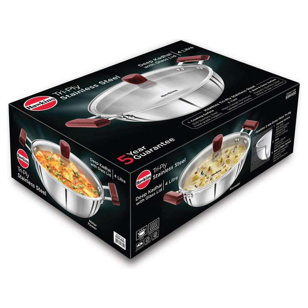 Hawkins Tri-Ply Stainless Steel Deep Kadai With Lid 4 Litre SSK 40G