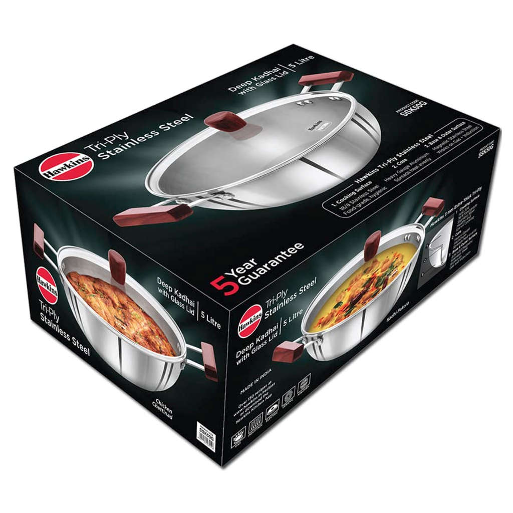 Hawkins Tri-Ply Stainless Steel Deep Kadai With Lid 5 Litre SSK 50G
