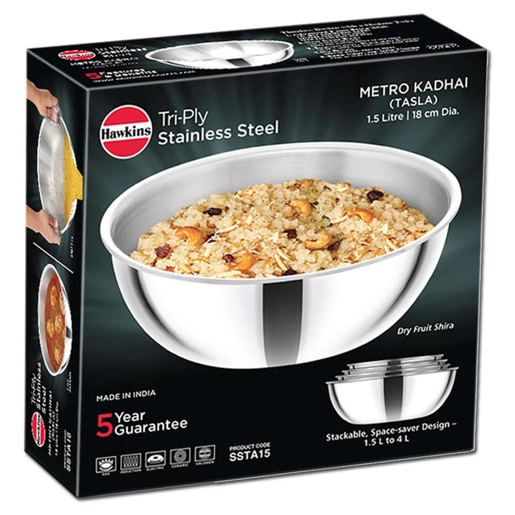 Hawkins Metro Tri-Ply Stainless Steel Kadai 1.5 Litre SSTA 15