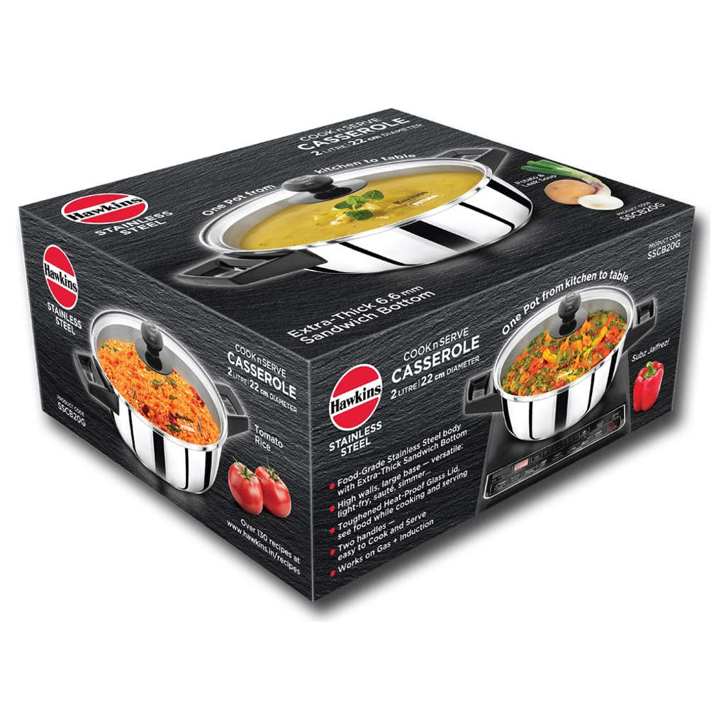 Hawkins Stainless Steel Cook N Serve Casserole With Glass Lid 2 Litre SSCB 20G