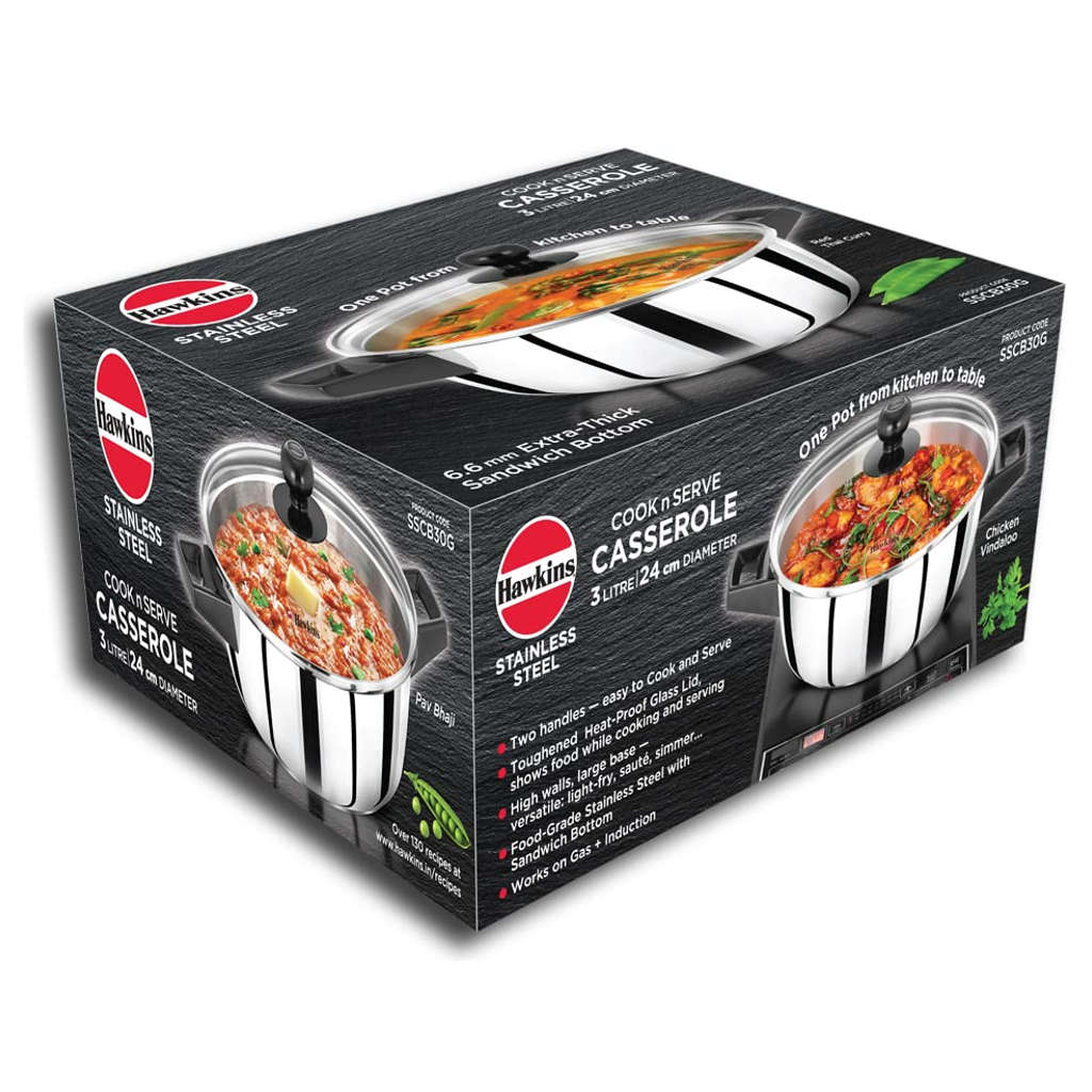 Hawkins Stainless Steel Cook N Serve Casserole With Glass Lid 3 Litre SSCB 30G