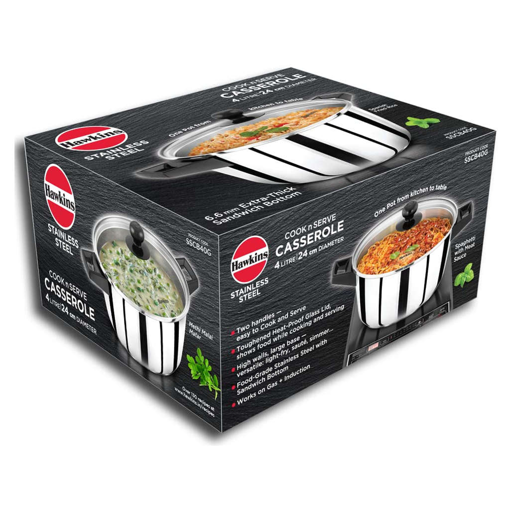 Hawkins Stainless Steel Cook N Serve Casserole With Glass Lid 4 Litre SSCB 40G
