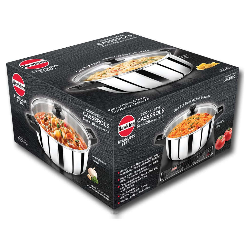 Hawkins Stainless Steel Cook N Serve Casserole With Glass Lid 5 Litre SSCB 50G