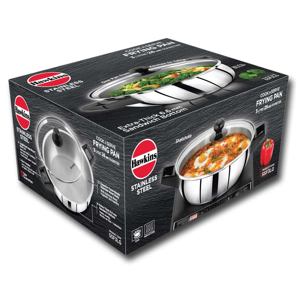 Hawkins Stainless Steel Cook N Serve Fry Pan With Glass Lid 3 Litre SSF 3LG