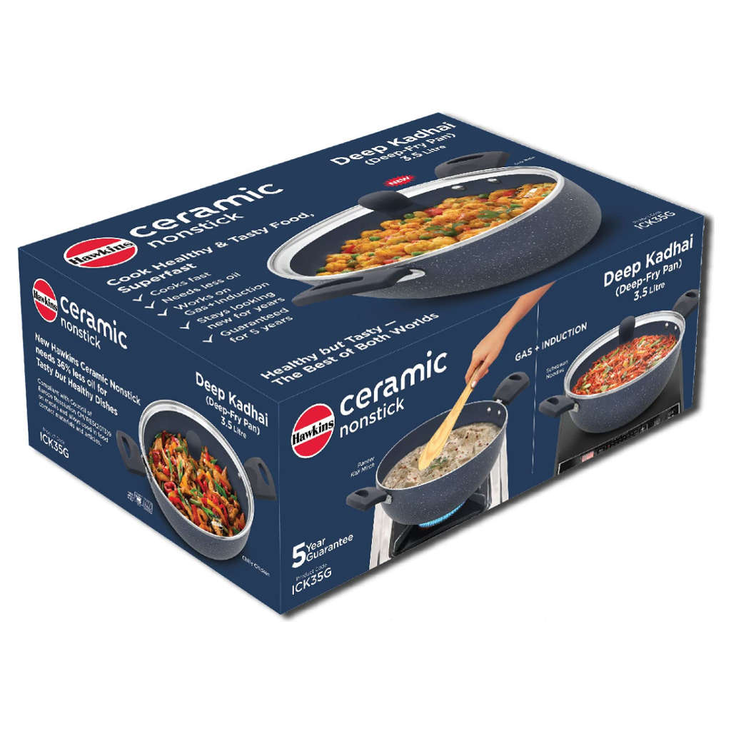 Hawkins Ceramic Nonstick Deep Kadai With Lid 3.5 Litre ICK 35G