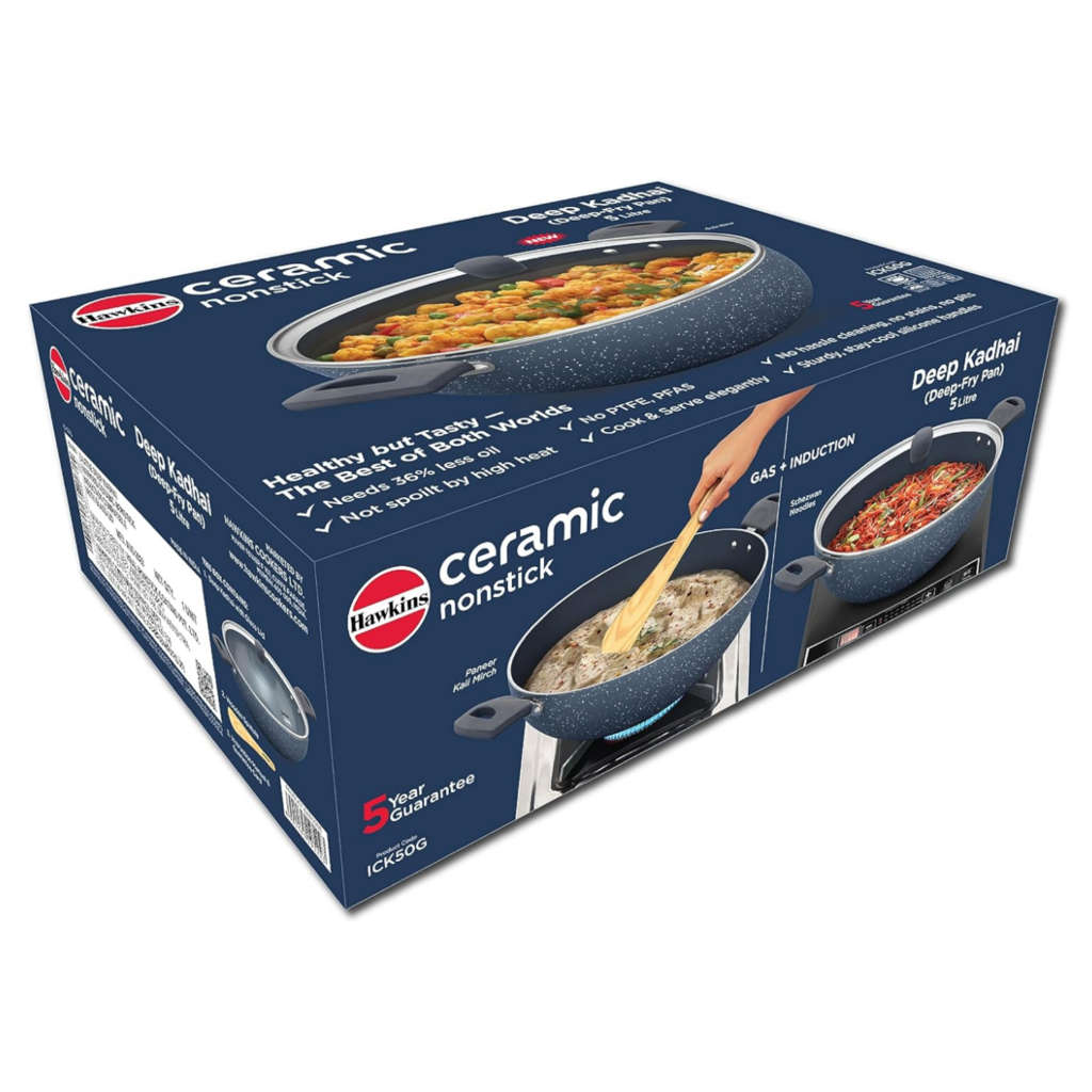 Hawkins Ceramic Nonstick Deep Kadai With Lid 5 Litre ICK 50G