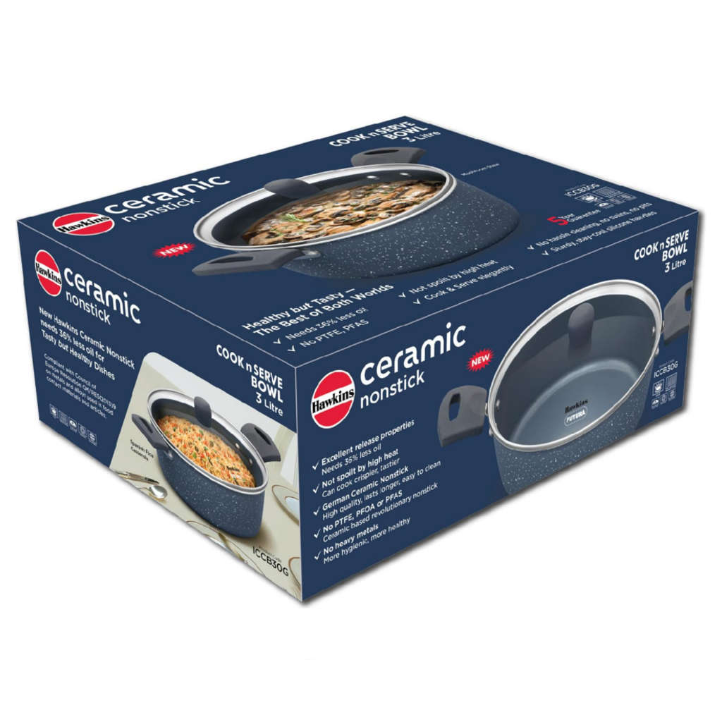 Hawkins Ceramic Nonstick Cook N Serve Bowl With Lid 3 Litre ICCB 30G