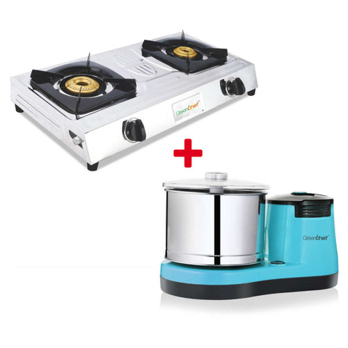 Greenchef Super Slim Stainless Steel Gas Stove 2 Burner + Turbojet Table Top Wet Grinder 2 Litre 