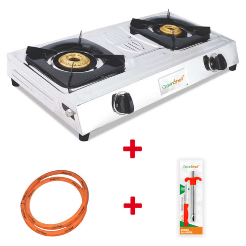 Greenchef Super Slim Stainless Steel Gas Stove 2 Burner + LPG Suraksha Hose Pipe + Gas Lighter With Knife 