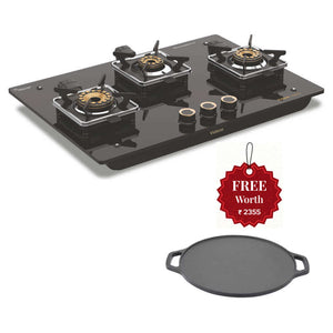 Vidiem Vogue 3 Burner Glass Top Gas Stove And Get Free Casta 30 Cm Cast Iron Tawa 