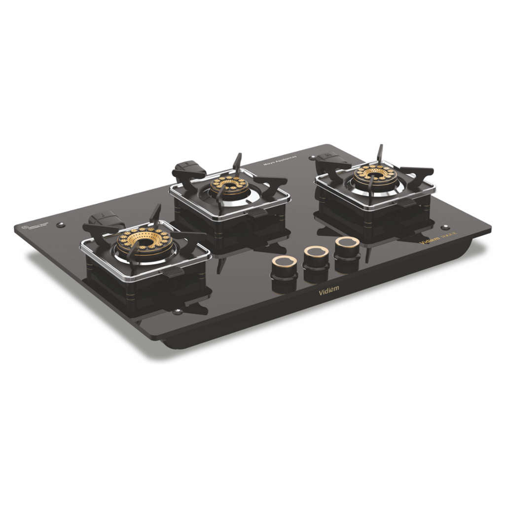 Vidiem Vogue 3 Burner Glass Top Gas Stove And Get Free Casta 30 Cm Cast Iron Tawa