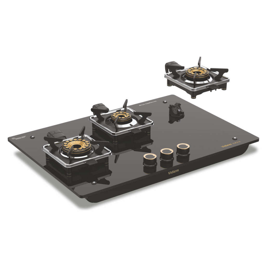 Vidiem Vogue 3 Burner Glass Top Gas Stove And Get Free Casta 30 Cm Cast Iron Tawa