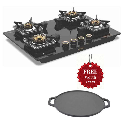 Vidiem Vogue 4 Burner Glass Top Gas Stove And Get Free Casta 30 Cm Cast Iron Tawa 