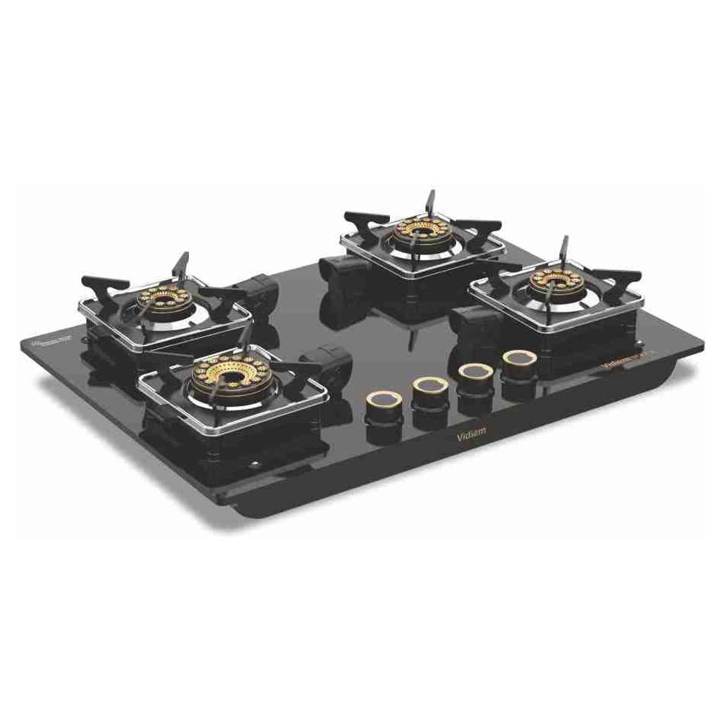 Vidiem Vogue 4 Burner Glass Top Gas Stove And Get Free Casta 30 Cm Cast Iron Tawa